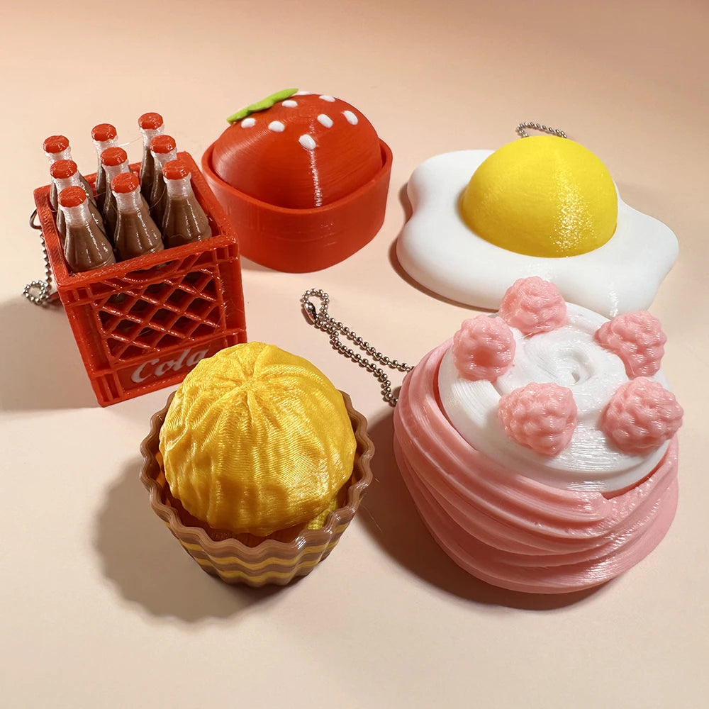 Calming Keychain Keys Finger Button Anti-Stress Toys Strawberry Cake Ice Pizza Funny Decompression Gifts for Children Adults