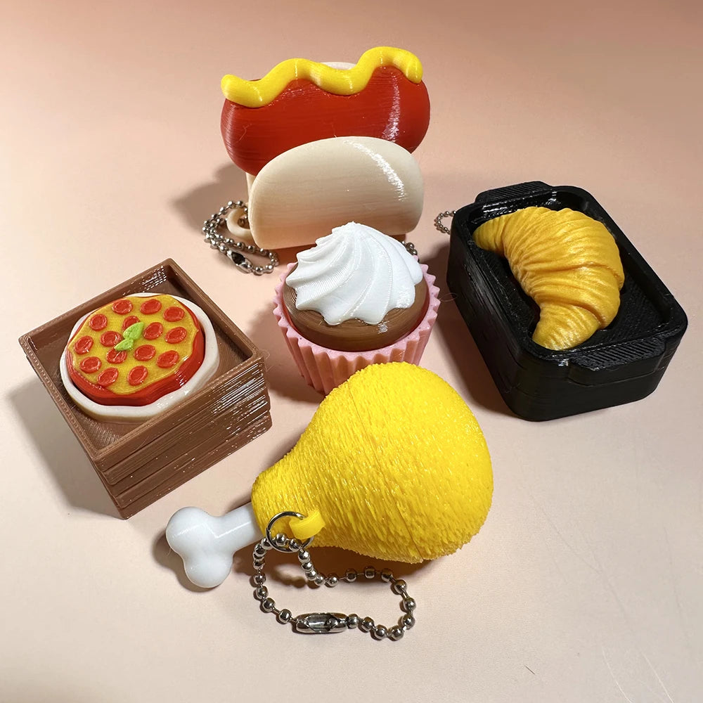 Calming Keychain Keys Finger Button Anti-Stress Toys Strawberry Cake Ice Pizza Funny Decompression Gifts for Children Adults