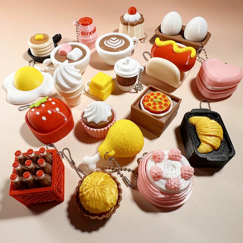 Calming Keychain Keys Finger Button Anti-Stress Toys Strawberry Cake Ice Pizza Funny Decompression Gifts for Children Adults