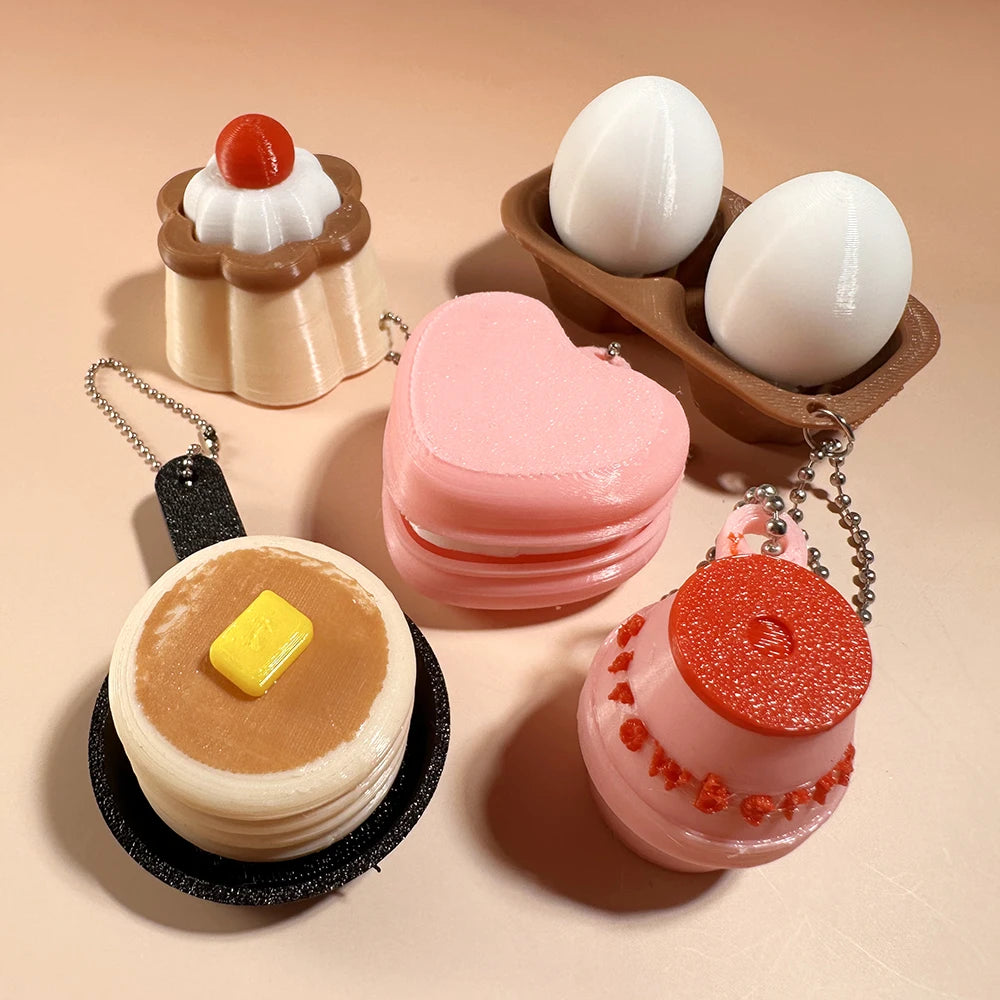 Calming Keychain Keys Finger Button Anti-Stress Toys Strawberry Cake Ice Pizza Funny Decompression Gifts for Children Adults