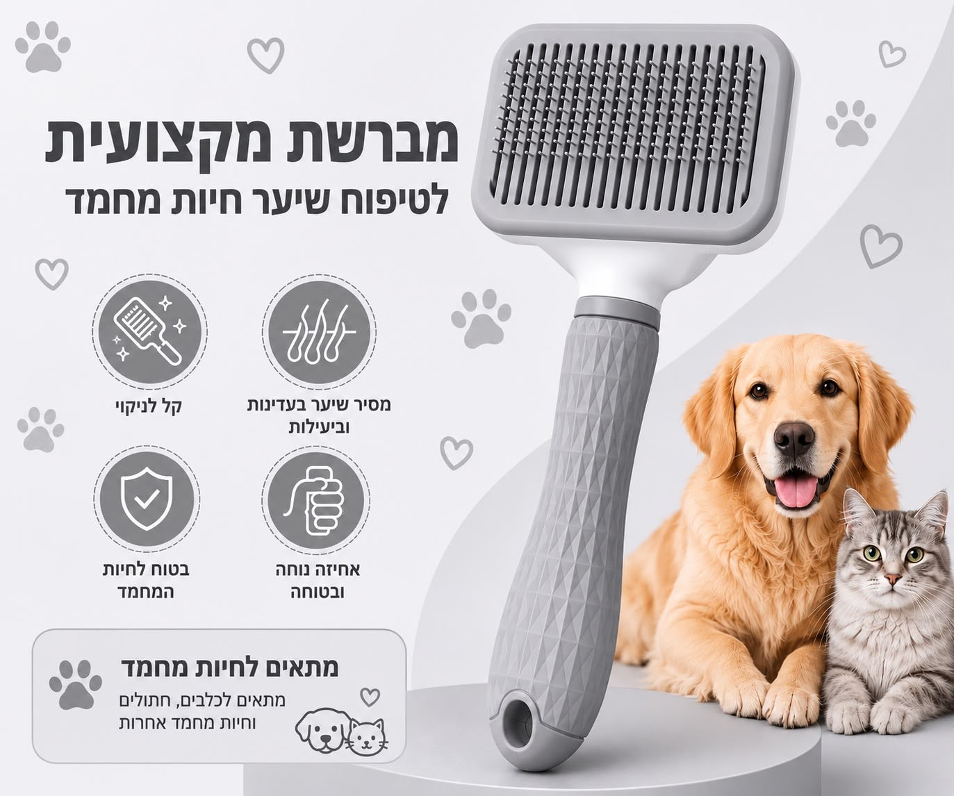 מברשת מקצועית לטיפוח שיער חיות מחמד עם מנגנון ניקוי עצמי מבית Pinabel